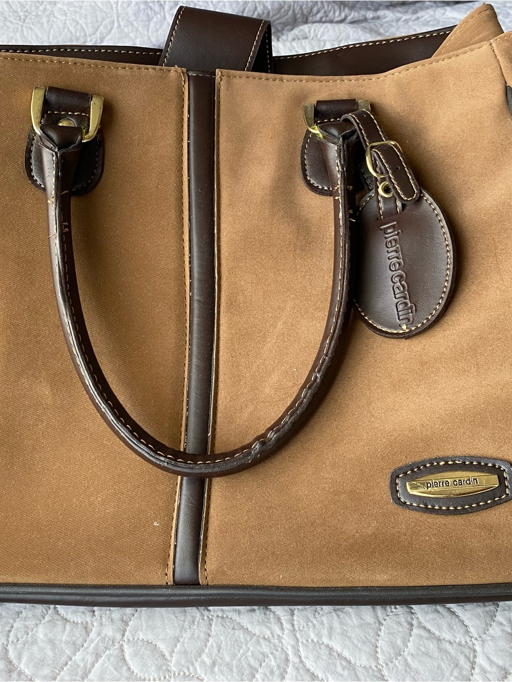 Pierre Cardin Tan Suede and Dark Brown Leather Briefcase Tote